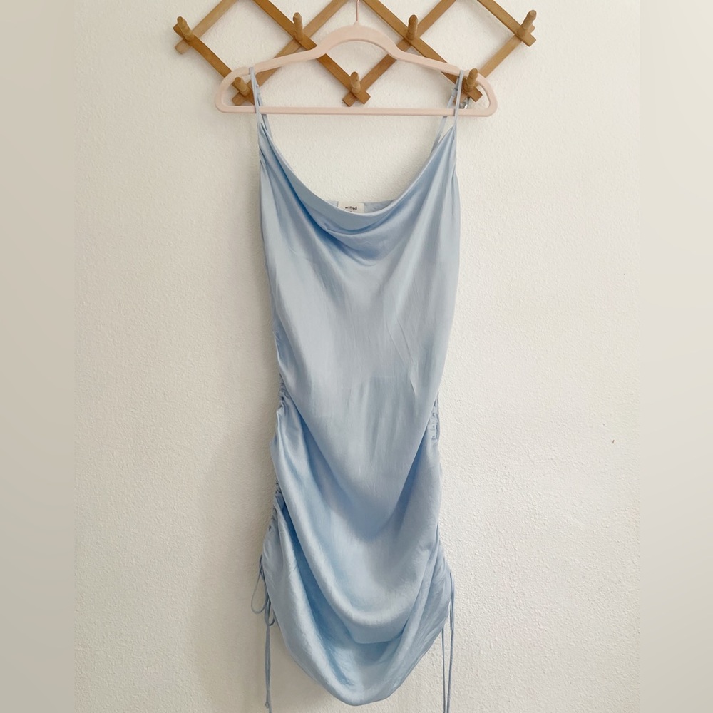 Wilfred Aritzia Ruched Adjustable Slip Dress in Ice Blue